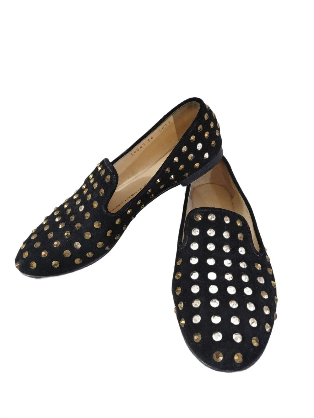 Giuseppe Zanotti Black Suede Gold Crystal Studded Slip-On Loafers Size 6